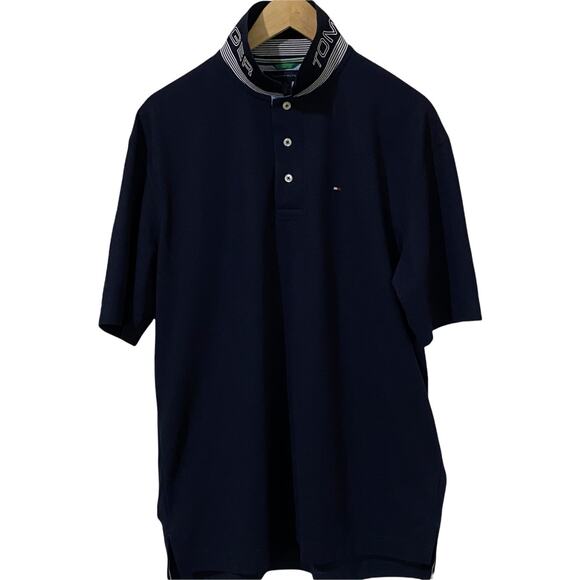 Tommy Hilfiger Navy Blue Spell Out Logo Flip Collar Short Sleeve Polo Shirt  XL - Picture 1 of 10